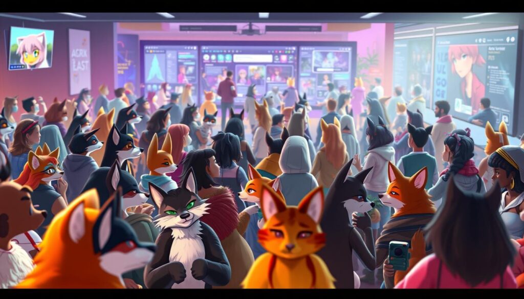 A bustling online community of anthropomorphic animal avatars, immersed in a vibrant, digitally-rendered world. In the foreground, diverse characters engage in lively conversations, sharing stories and connecting through virtual platforms. The middle ground showcases a dynamic social network, with avatars interacting, collaborating, and exploring shared interests. In the background, a sleek and modern user interface frames the scene, hinting at the seamless integration of technology and the furry lifestyle. Diffused, ambient lighting creates a warm, inviting atmosphere, reflecting the sense of belonging and camaraderie that defines this virtual furry gathering.