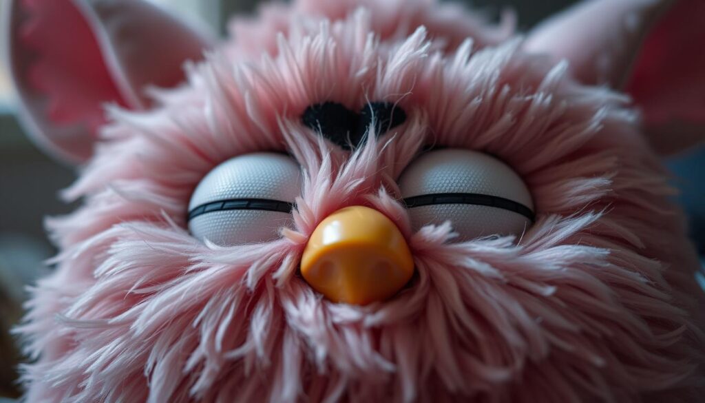 A close-up shot of a Furby's eyes, gently closed in a peaceful slumber. The plush, furry face is illuminated by soft, diffuse lighting, casting gentle shadows across the features. The Furby's expression conveys a sense of tranquility, with the eyes lightly shut and the brow relaxed. The image is captured with a shallow depth of field, blurring the background and keeping the Furby's face in sharp focus. The overall mood is serene and calming, inviting the viewer to recognize the stillness of a Furby that has been successfully turned off.