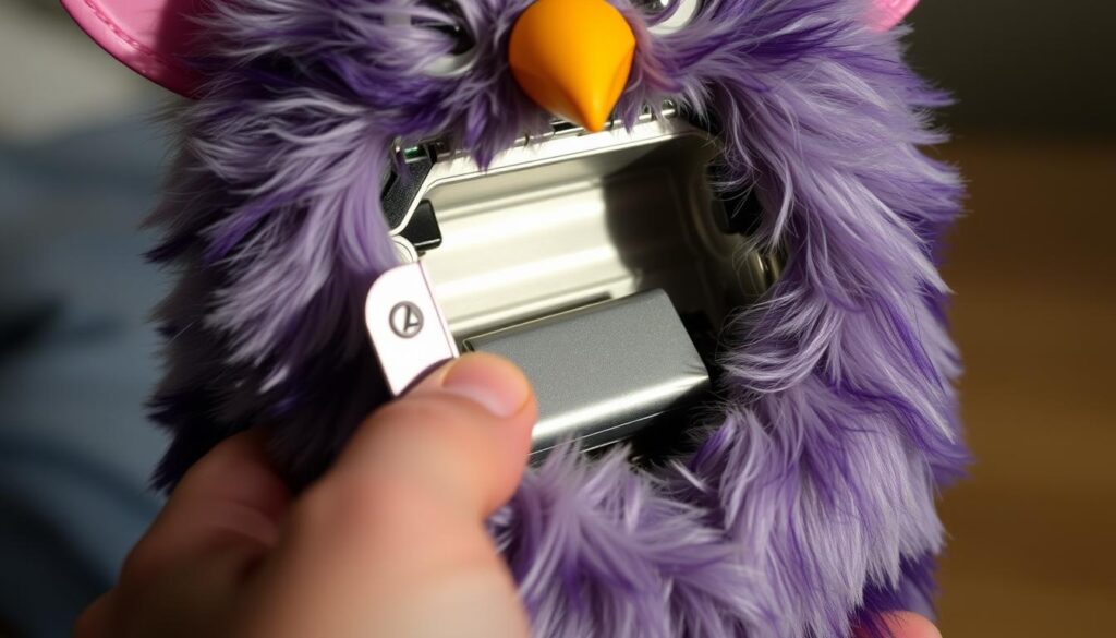A close-up view of a Furby's battery compartment, with the cover open to reveal the battery pack inside. The Furby is gently held in the foreground, its soft fur texture contrasting with the metallic components. The lighting is soft and natural, highlighting the intricate details of the inner workings. The background is slightly blurred, emphasizing the focus on the task at hand. The overall mood is one of careful, hands-on exploration, conveying the process of powering down a Furby in a safe and deliberate manner.