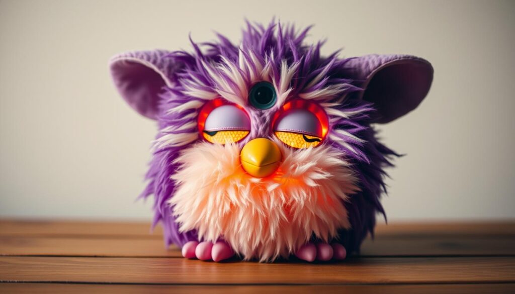 A closeup view of a Furby doll being reset, with its soulful eyes closed and its plush fur illuminated by soft, warm lighting. The Furby is placed on a wooden surface, surrounded by a minimal, clean background that allows the subject to take center stage. The image conveys a sense of tranquility and introspection, hinting at the transformation the Furby is about to undergo as its personality is reset, ready to embark on a new journey with its owner.