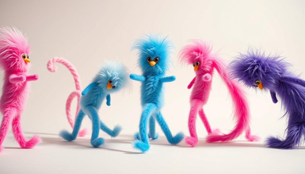 A collection of long, slender furbies arranged in a visually striking composition. The furbies have elongated, cylindrical bodies with plush, soft fur in vibrant colors like pink, blue, and purple. They are posed in dynamic, twisting positions, evoking a sense of playful energy and whimsy. The lighting is soft and diffused, casting gentle shadows and highlights that accentuate the furbies' unique forms. The background is a clean, neutral palette that allows the furbies to be the central focus, drawing the viewer's attention to their captivating, almost alien-like appearance. The overall mood is one of curiosity and intrigue, inviting the viewer to explore the peculiar world of the long furby phenomenon.