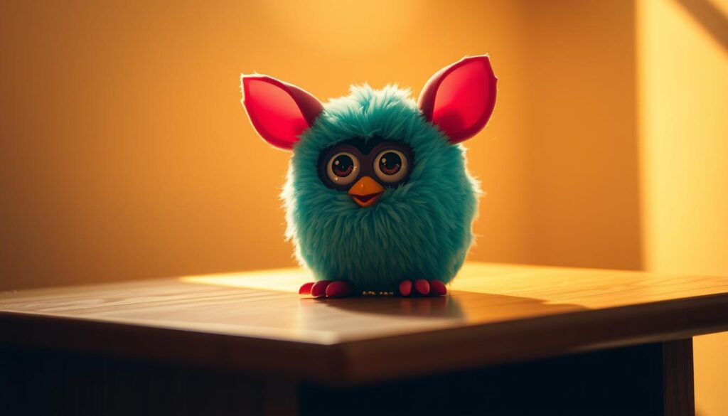 A colorful Furby toy sitting on a wooden table, illuminated by soft, warm lighting that creates a cozy, nostalgic atmosphere. The Furby's fuzzy, round body in a vibrant shade of teal, its large eyes and pointed ears giving it a playful, endearing expression. The table's surface is slightly worn, adding a vintage charm to the scene. In the background, a blurred, neutral-toned wall provides a simple, uncluttered backdrop, allowing the Furby to take center stage and capture the viewer's attention.