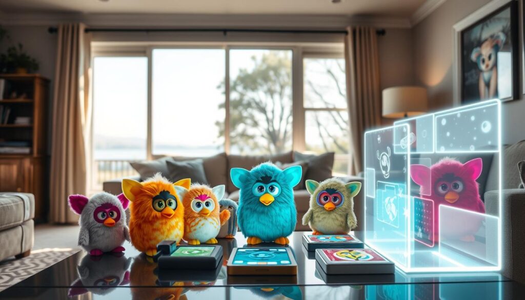 A cozy, well-lit living room setting. In the foreground, a group of Furby Boom creatures of various colors and patterns are engaged in a selection of mini-games on a coffee table, their expressions animated and lively. The Furbys are interacting with digital game interfaces that appear as holographic displays, creating an immersive, futuristic ambiance. The middle ground features comfortable furniture and a large window overlooking a tranquil outdoor scene, allowing natural light to flood the space. The overall tone is whimsical and playful, inviting the viewer to imagine the interactive fun and engagement of the Furby Boom app's mini-games.