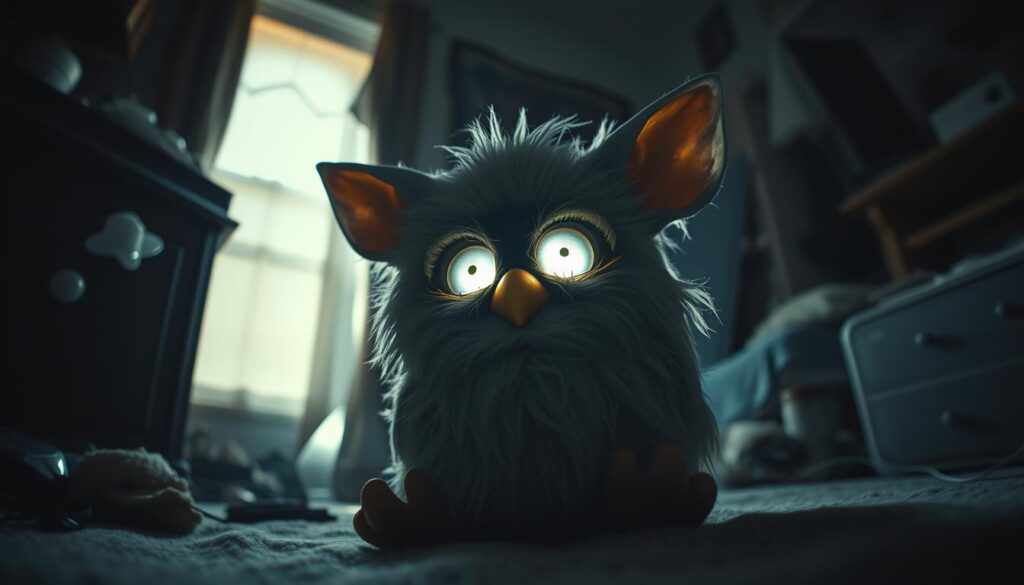 A cursed Furby, its eyes glowing with an eerie, unnatural light, sits alone in a dimly lit, cluttered bedroom. The toy's synthetic fur appears matted and disheveled, as if it has been through some unspeakable trauma. The surrounding environment is shrouded in shadows, creating an atmosphere of unease and uncertainty. The camera angle is low, giving the viewer a sense of the Furby's imposing, almost menacing presence. The lighting is harsh, creating deep shadows and highlights that add to the unsettling mood. The overall scene conveys a sense of the Furby's dark, tortured history, hinting at the legends and myths that have made it a symbol of the uncanny and the macabre in popular culture.