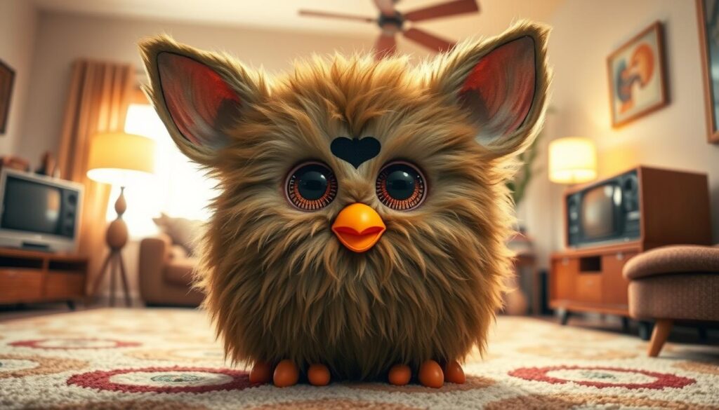 A detailed, 90s-inspired portrait of the original Furby toy from 1999. The furry, alien-like creature is centered in a warmly lit, retro-themed living room setting. The Furby's large, expressive eyes and movable features are rendered with precision, capturing its iconic and playful design. The background features mid-century modern furniture, shag rugs, and a vintage television set, immersing the viewer in the nostalgia of the era when this revolutionary toy first emerged. Soft, diffused lighting casts a cozy glow, highlighting the Furby's plush, textured fur and the comforting atmosphere of its domestic environment.