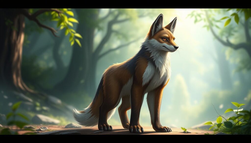 A detailed, anthropomorphic fursona standing confidently in a serene, natural setting. The character is rendered with meticulous attention to texture, anatomy, and expressive posture, radiating a sense of personality and individuality. Soft, diffused lighting gently illuminates the scene, casting subtle shadows and highlights that accentuate the furry creature's features. The background seamlessly blends elements of a lush, verdant forest with hints of a tranquil, otherworldly ambiance, creating an immersive, dream-like atmosphere that complements the fursona's striking presence.