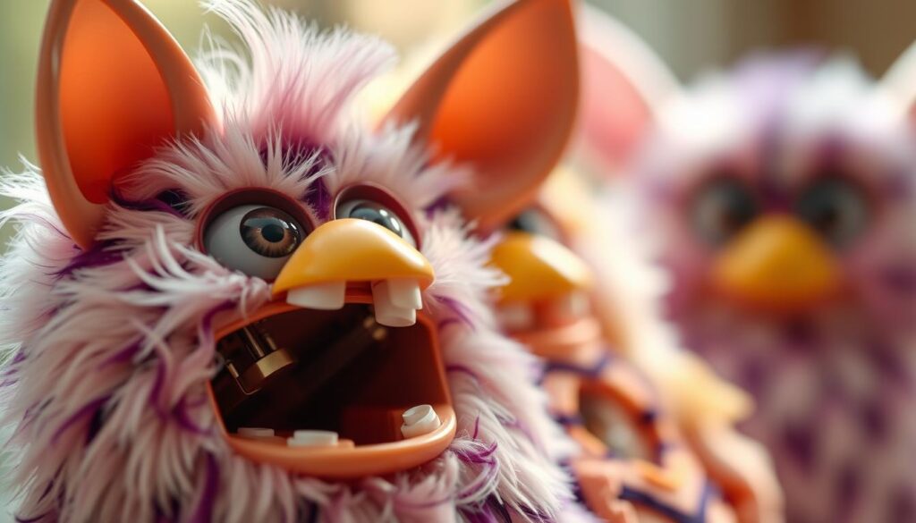 A detailed close-up view of various Furby speech features, captured in soft natural lighting. The foreground showcases an open Furby mouth, revealing its intricate inner mechanisms and movable parts that produce its distinctive vocalizations. The middle ground depicts the Furby's expressive eyes, illustrating how they contribute to its emotive language. The background has a blurred, ethereal quality, focusing the viewer's attention on the technical linguistic aspects of the Furby's communication. The overall mood is one of fascination and wonder at the ingenious design that enables these iconic toys to interact with users through their unique speech patterns.