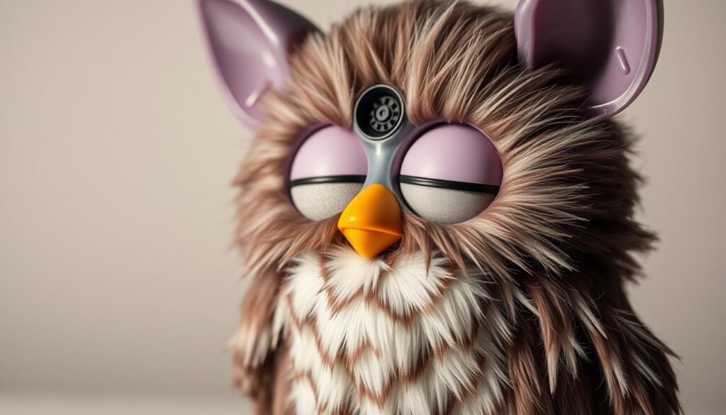 A detailed, well-lit close-up shot of a Furby toy, its plastic shell partially disassembled to reveal its inner mechanical components. The Furby's large eyes are closed, and a serene, peaceful expression is on its face, conveying a sense of calm and rest. The image is shot from a slightly elevated angle, with a clean, neutral background that allows the Furby to be the focal point. Soft, directional lighting accentuates the textures and details of the Furby's body, creating a sense of depth and dimensionality. The overall mood is one of quiet contemplation, underscoring the importance of properly shutting down this quirky, electronic companion.