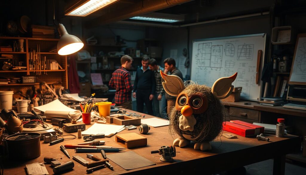 A dimly lit, cluttered workshop with an array of mechanical components, half-finished prototypes, and sketches scattered across the workbench. In the foreground, a Furby-like creature sits disassembled, its intricate inner workings exposed, surrounded by a variety of specialized tools. The middle ground features a team of engineers huddled over their latest design, intensely focused, as they tinker and refine the creature's form and functionality. In the background, a whiteboard displays technical diagrams and calculations, hinting at the meticulous planning and innovation that went into the Furby's development. The scene is bathed in a warm, amber glow, creating a sense of discovery and the thrill of bringing a new creation to life.
