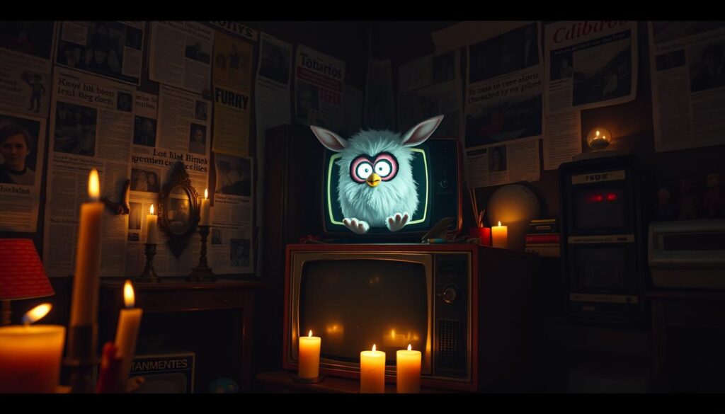 A dimly lit room, a vintage television set flickers with the eerie glow of a Furby sitting atop it. Surrounding it, a collage of newspaper clippings, social media posts, and mysterious artifacts. Shadows cast by flickering candlelight create an unsettling atmosphere, as if the Furby is the center of a sinister cult. The room is filled with an array of vintage toys, each one seeming to hold a dark secret. The lighting is moody and dramatic, with deep shadows and highlights that accentuate the uncanny nature of the scene. The camera angle is slightly low and tilted, conveying a sense of unease and the feeling that the viewer is being drawn into the Furby's world.