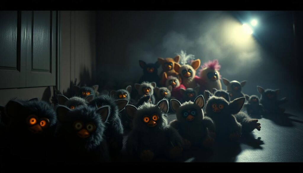 A dimly lit room, the shadows cast by eerie Furbies scattered across the floor. Their glowing eyes and sinister grins suggest a life of their own, as if they might come alive at any moment. The Furbies, once seen as cute and cuddly toys, now loom large in the foreground, their fuzzy bodies and mechanical movements evoking a sense of unease. In the middle ground, a collection of vintage Furby models from different eras, each with its own distinct features and design. The background is shrouded in a hazy, unsettling atmosphere, hinting at the psychological impact these toys have had on their owners over the years.