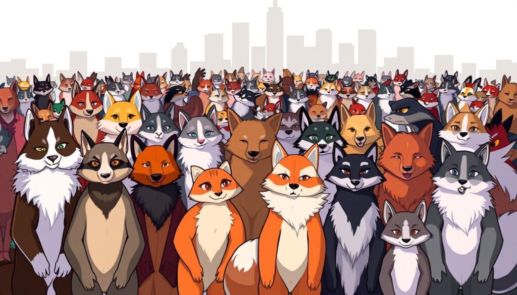 A diverse group of furry characters, rendered in a clean, modern illustration style. In the foreground, a group of anthropomorphic animals of various species - canines, felines, rodents, and more - stand together, their expressions conveying a sense of community and camaraderie. The middle ground features a crowd of additional furry figures, each with distinctive features and personalities, capturing the breadth and diversity of the furry fandom. The background is a minimalist, geometric cityscape, suggesting the global nature of the furry community. Soft, diffused lighting illuminates the scene, creating a warm, welcoming atmosphere. The composition is balanced and harmonious, highlighting the varied demographics that make up the furry lifestyle.