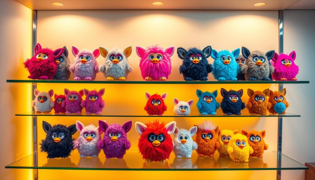 A dynamic display of McDonald's Furby toys nestled on sleek glass shelves, bathed in warm, golden lighting. The plush figures stand proudly, their expressive eyes and whimsical features inviting closer inspection. In the foreground, a carefully curated selection showcases the vibrant diversity of these rare collectibles, while the middle ground features a neatly organized arrangement highlighting their unique characteristics. The background subtly blends into a clean, minimalist setting, allowing the toys to take center stage and captivate the viewer's attention. This visually striking display perfectly encapsulates the joy and fascination surrounding the iconic McDonald's Furby phenomenon.