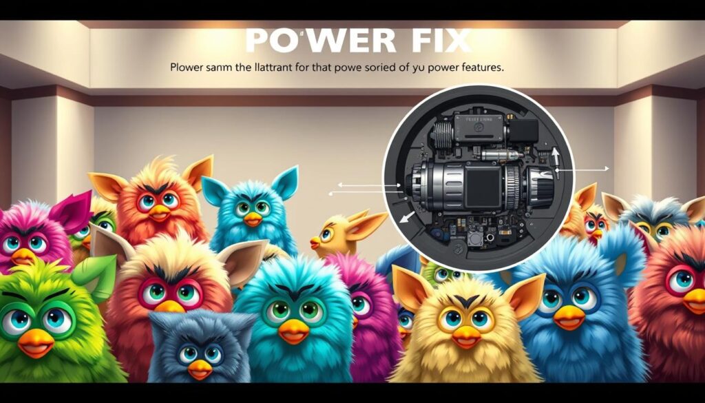 A high-resolution, detailed illustration of various Furby models and their unique power features. In the foreground, a collection of classic Furby toys in diverse colors and designs, each with their distinctive eyes, ears, and textures. In the middle ground, a close-up view showcasing the mechanical mechanisms and electronic components that enable Furby's interactive capabilities, such as sensors, speakers, and motorized movements. The background features a clean, neutral environment with soft, warm lighting to highlight the technical details. The overall mood is one of curious exploration, inviting the viewer to understand the inner workings and power features that bring these beloved creatures to life.