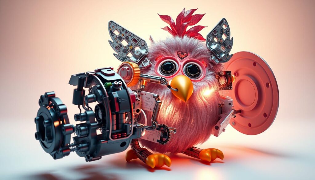 A highly detailed, hyper-realistic 3D rendering of a Furby toy disassembled, revealing its intricate inner technological workings. The device is illuminated by soft, diffused lighting, casting gentle shadows that accentuate the mechanical components. The foreground showcases the Furby's robotic servos, circuit boards, and sensors, while the middle ground displays the toy's plastic shell and animatronic facial features. The background subtly fades into a clean, minimalist environment, allowing the technological elements to take center stage. The overall mood is one of scientific curiosity and technological marvel, highlighting the engineering complexity behind the Furby's seemingly supernatural behaviors.
