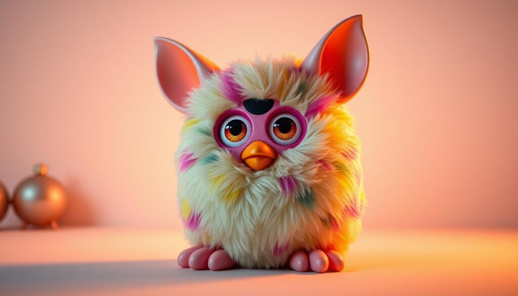 A highly detailed, photorealistic image of a classic 1998 Furby toy, capturing the toy's playful and whimsical charm. The Furby is positioned in the center of the frame, illuminated by soft, warm lighting that highlights its fuzzy, multi-colored exterior and large, expressive eyes. The Furby is set against a minimalist background, allowing the toy to be the focal point. The composition emphasizes the Furby's iconic design, showcasing its distinctive features such as its pointed ears, rounded body, and articulated mouth. The overall mood is one of nostalgia and holiday cheer, evoking the Furby's surge in popularity during the 1998 holiday season.