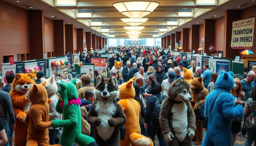 A lively gathering of the furry fandom community, set in a warm and welcoming convention hall. In the foreground, a diverse group of anthropomorphic animal characters mingle and socialize, their vibrant costumes and expressive body language conveying a sense of camaraderie and shared interest. In the middle ground, vendors peddle an array of furry-themed merchandise, from plush toys to custom-made accessories. The background is filled with a bustling crowd, people of all ages and backgrounds exploring the vibrant displays and interactive exhibits. Soft, diffused lighting illuminates the scene, creating a cozy and inclusive atmosphere that reflects the spirit of the furry community.