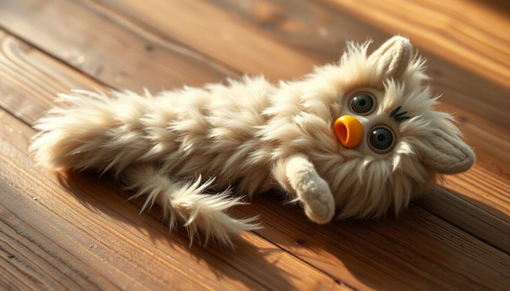 A long, slender Furby body lies on a textured wooden surface, its soft, plush fur cascading gracefully. Delicate stitching runs along the seams, creating a handcrafted appearance. The Furby's eyes, large and captivating, gaze directly at the viewer, its expression both innocent and curious. Warm, diffused lighting illuminates the scene, casting gentle shadows that accentuate the Furby's contours. The background is slightly blurred, allowing the Furby to take center stage, inviting the viewer to imagine the creation process. The overall atmosphere is whimsical and inviting, capturing the essence of the "Long Furby Experience" and the joy of crafting one's own unique creation.