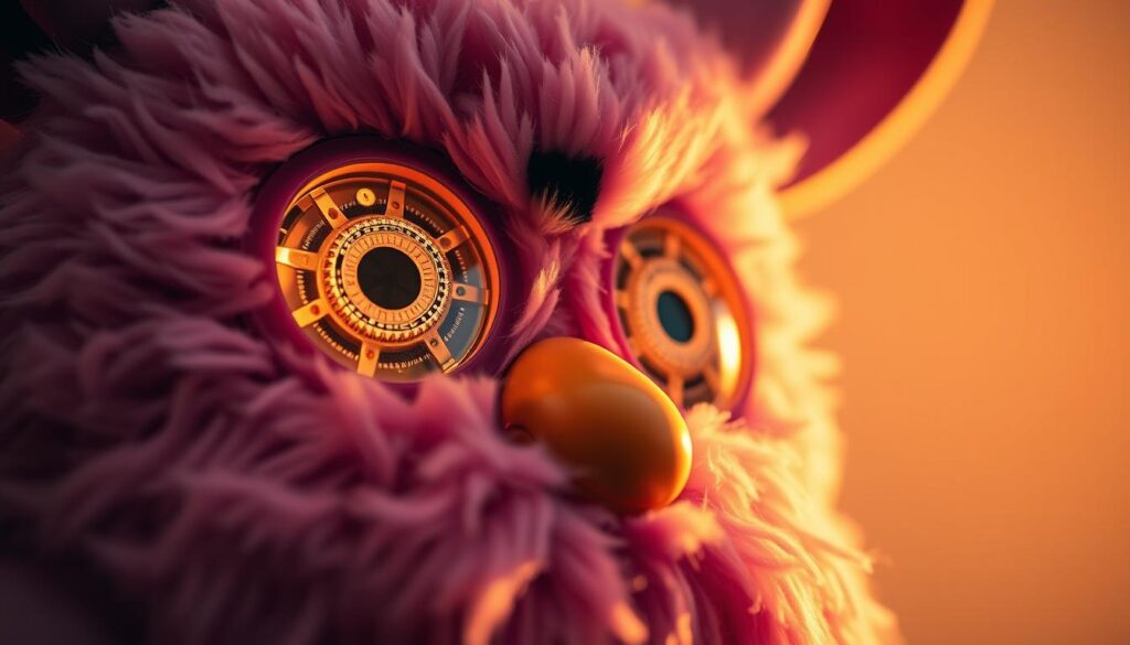 A meticulously detailed closeup of the 2012 Furby's interactive features, bathed in warm, soft lighting and captured with a professional-grade macro lens. The plush toy's mechanical eyes and expressive brows are in sharp focus, revealing the intricate mechanisms that power its life-like movements and responses. In the middle ground, the Furby's textured fur and detailed sculpting are showcased, while the background fades into a subtly blurred, neutral tone to emphasize the subject. The overall mood is one of fascination and wonder, inviting the viewer to appreciate the engineering marvel that brings this iconic character to life.