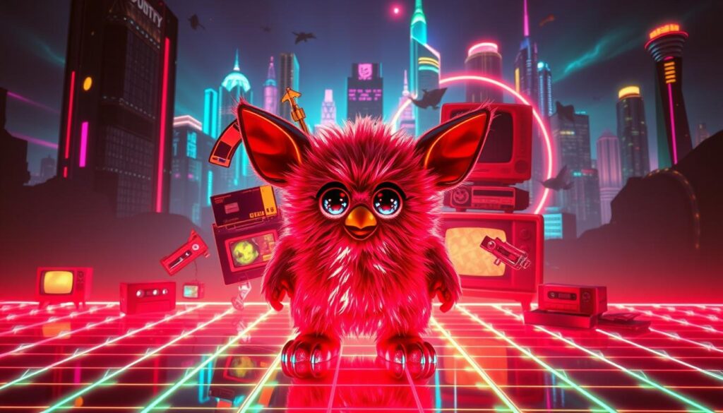 A retro-futuristic, synthwave-inspired scene depicting the cultural impact of the Furby Gremlin. In the foreground, a neon-lit Furby Gremlin figure stands amidst a glowing, holographic grid, its animatronic eyes flickering and its fur shimmering. In the middle ground, a collage of nostalgic media references swirls around the Gremlin, including vintage video game cartridges, television sets, and cassette tapes. The background is a surreal, cityscape of towering neon skyscrapers and pulsing, cyberpunk landscapes, hinting at the Furby Gremlin's enduring presence in popular culture. The scene is bathed in a vibrant, neon color palette, with dramatic lighting and a moody, atmospheric tone.