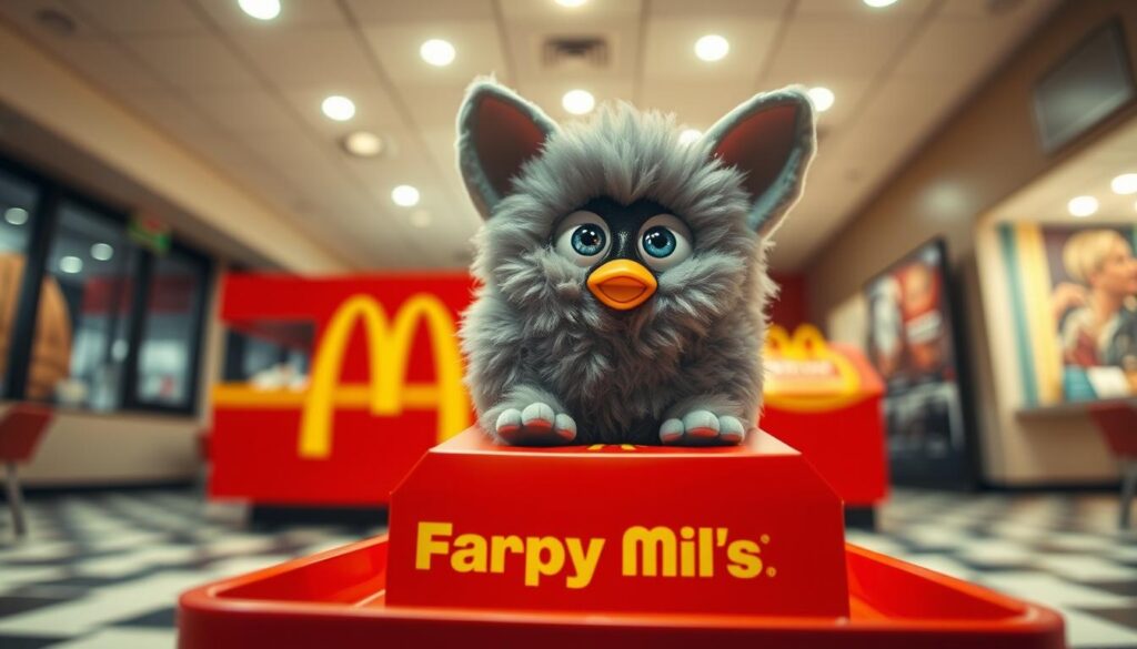 A vibrant, highly detailed image of a vintage McDonald's Furby Happy Meal toy. The foreground features the Furby sitting atop a red and yellow McDonald's branded tray, with its distinctive large eyes, fluffy grey fur, and mischievous expression. The middle ground showcases the Happy Meal box, its iconic golden arches and red coloring complementing the Furby. The background depicts a blurred McDonald's restaurant interior, with hints of the classic checkered tile flooring and bright lighting creating a warm, nostalgic atmosphere. Beautifully lit from an overhead angle, casting soft shadows that emphasize the toy's tactile, plush texture. Captured with a high-resolution, wide-angle lens to provide a comprehensive, immersive view of this rare McDonald's collectible.