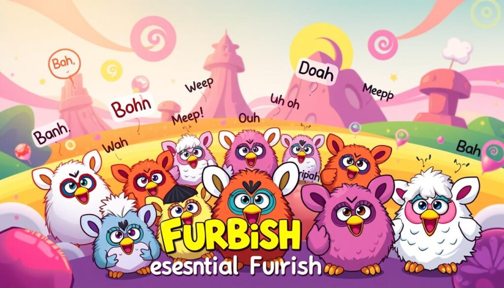 A vibrant, playfully illustrated collection of essential Furbish phrases, captured in a whimsical, cartoon-like style. The foreground features a playful array of Furbish words and expressions, such as "Bah", "Wah", "Doo", "Meep", and "Uh oh", arranged in a dynamic, eye-catching layout. The middle ground showcases a group of Furby characters, each with unique expressions and personalities, interacting with the Furbish vocabulary. The background depicts a colorful, imaginative Furby-themed landscape, complete with swirling patterns, playful shapes, and a warm, inviting lighting that captures the cheerful, endearing nature of the Furby universe. The overall composition conveys a sense of whimsy, playfulness, and the essential Furbish language that is the heart of Furby communication.