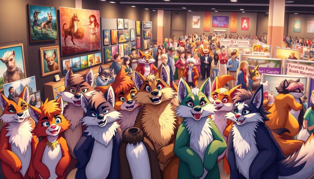 A vibrant, whimsical scene depicting the diverse furry fandom. In the foreground, a group of anthropomorphic characters - each with their own unique furry persona - gather together, their expressive faces and vibrant, detailed costumes radiating a sense of joy and camaraderie. The middle ground showcases an array of furry-themed artwork, from intricate digital paintings to handcrafted plushies, all showcasing the creativity and passion of the community. In the background, a bustling convention hall sets the stage, with panels, vendor booths, and costumed attendees creating an atmosphere of celebration and acceptance. Warm, soft lighting casts a welcoming glow over the entire scene, capturing the spirit of the furry fandom as a place of self-expression, inclusivity, and shared interests.