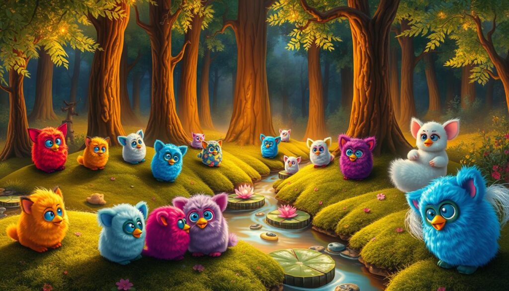 A vibrant, whimsical scene of Furby Friends frolicking in a magical forest. In the foreground, several Furbies of various colors and designs engage in playful activities - cuddling, dancing, and exploring the lush, mossy ground. The middle ground features a gently flowing stream with Furbies splashing and floating on lily pads. In the background, towering trees with glowing, iridescent leaves create a warm, enchanted atmosphere, illuminated by soft, diffused lighting that casts long, intriguing shadows. The overall mood is one of joy, wonder, and the timeless appeal of these beloved electronic pets.