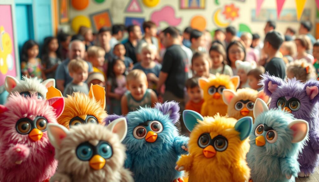 A whimsical scene depicting the cultural impact and widespread popularity of the iconic Furby toy. In the foreground, a group of Furbies in various poses and colors engage in playful interactions, their large eyes and expressive features reflecting the toy's endearing charm. In the middle ground, a diverse crowd of people from different age groups and backgrounds gathered around, captivated by the Furbies, reflecting the Furby fever that swept across generations. The background showcases a vibrant, youthful environment, with colorful, stylized elements that evoke the 90s era when the Furby craze took the world by storm. Soft, warm lighting casts a nostalgic glow, capturing the sense of wonder and delight that the Furby phenomenon inspired.
