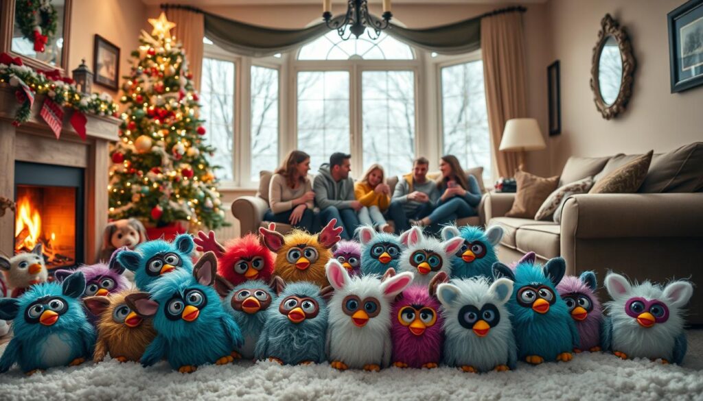 A winter wonderland scene of Furby toys taking over a cozy living room during the holiday season. In the foreground, a pile of colorful Furbies in various poses and expressions sit beneath a twinkling Christmas tree, their large eyes and furry bodies reflecting the warm glow of the fireplace. In the middle ground, a family gathers around the sofa, their hands reaching out to interact with the playful Furbies. The background features snow-covered trees visible through a bay window, creating a serene, festive atmosphere. The lighting is soft and diffused, casting a magical ambiance over the entire scene. Captured with a wide-angle lens to showcase the Furby takeover in all its glory.