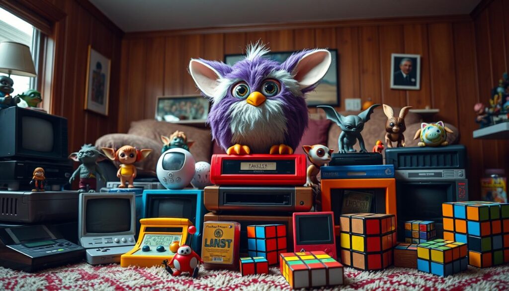 An eccentric display of interactive '90s toys, centered around a curious Furby and a mischievous Gremlin. In the foreground, the Furby sits atop a stack of retro game consoles, its large eyes peering inquisitively. Surrounding it, a cascade of other playful figurines - a Gremlin peeking out from behind a Tamagotchi, a Polly Pocket compact, and a Koosh ball. In the middle ground, a vibrant array of classic board games and toys, from Etch A Sketch to a Rubik's Cube. The background is a nostalgic living room scene, with wood-paneled walls, shag carpeting, and a warm, saturated color palette evoking the '90s. Diffuse lighting creates a cozy, inviting atmosphere, highlighting the whimsical, interactive nature of these beloved childhood treasures.