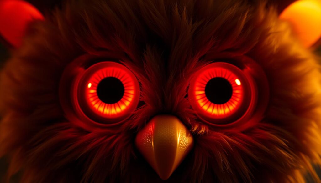 Dramatic close-up of a pair of Furby eyes, illuminated by a soft, warm light. The large, round eyes are set in a rounded, furry face, with intricate textures and patterns reflecting the unique design of the iconic children's toy. The gaze is intense, almost hypnotic, conveying a sense of both fascination and unease. The depth of field is shallow, keeping the eyes in sharp focus while the surrounding details fade into a subtly blurred, dreamlike background. The overall mood is one of unsettling wonder, capturing the psychological complexity and mystique of the Furby's distinct visual aesthetic.