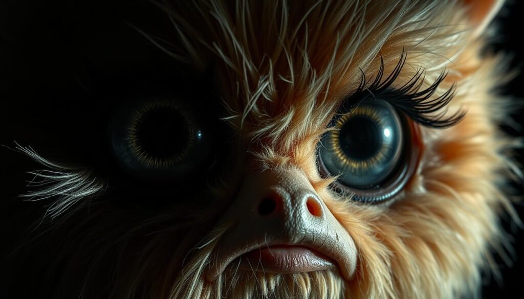 Eerie, hypnotic furby eyes, gazing intently, reflecting an uncanny intelligence. The sockets are deep, the lashes thick and dark, the irises iridescent and unsettling. Soft, fuzzy texture surrounds the eyes, creating a disquieting contrast. Dramatic lighting from the side, casting dramatic shadows that accentuate the alien, yet familiar features. The eyes seem to bore into the viewer, hinting at a complex inner life. An atmosphere of subtle unease, like being watched by something not quite human. Detailed, photorealistic rendering, high resolution, cinematic composition.