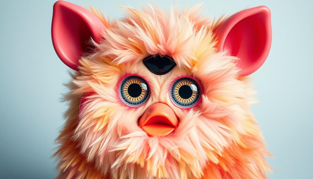 Generate an image of a vintage Furby with a unique language feature.