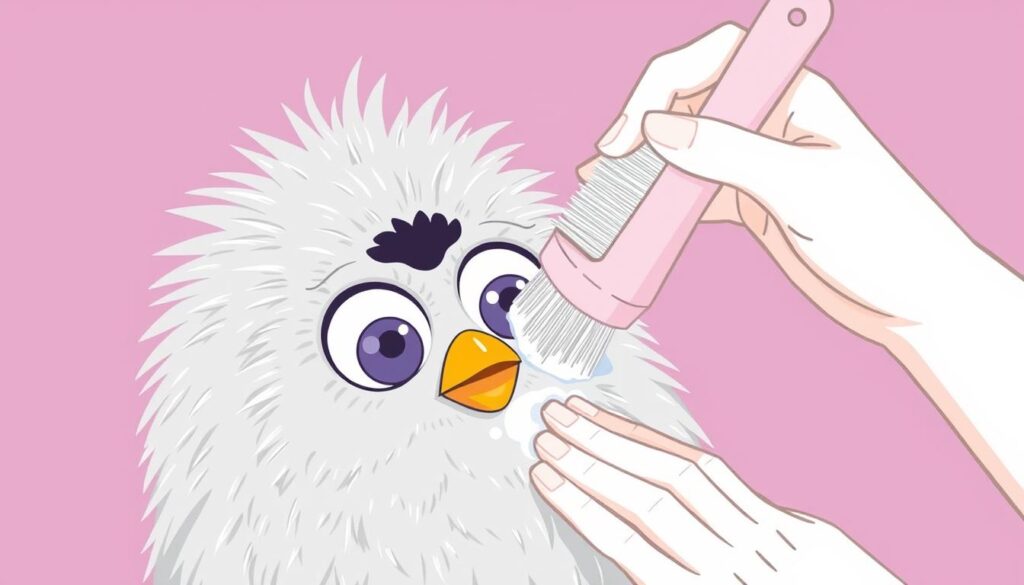 Image of a Furby being cleaned gently with a soft brush