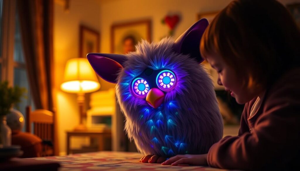 Image of a Furby toy with LCD eyes interacting with a user