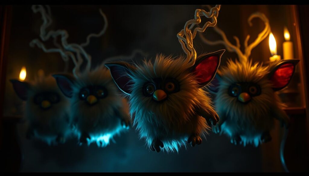 Paranormal Furbies: A chilling scene of eerie, sentient Furby dolls floating in a dimly lit, unsettling atmosphere. Wispy, ghostly tendrils emanate from their eyes and mouths, hinting at unseen supernatural forces. Their fur seems to move and twitch on its own, as if possessed by otherworldly energy. The background is shrouded in deep shadows, with flickering candlelight casting an ominous glow. A sense of unease and the unknown permeates the image, leaving the viewer to wonder about the dark mysteries that may lie within these seemingly innocent toys.